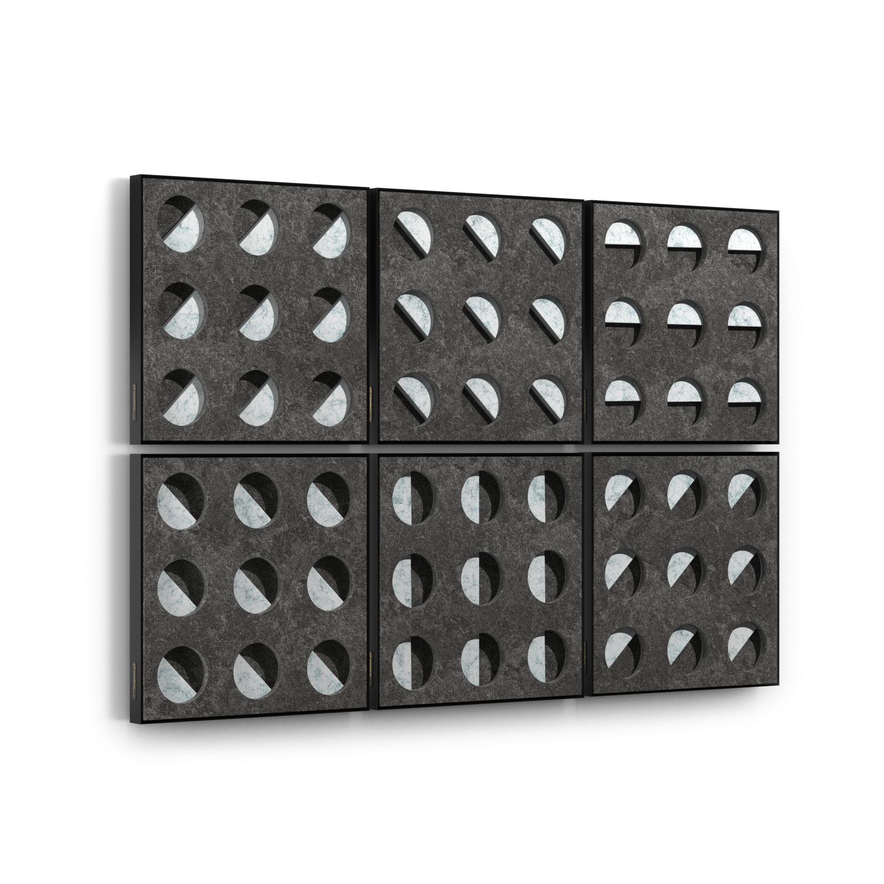 Six square dark gray textured panels arranged in a 2x3 grid, each with a circular cutout pattern, shown on a clean white background.