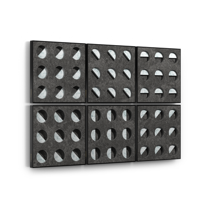 Six square dark gray textured panels arranged in a 2x3 grid, each with a circular cutout pattern, shown on a clean white background.