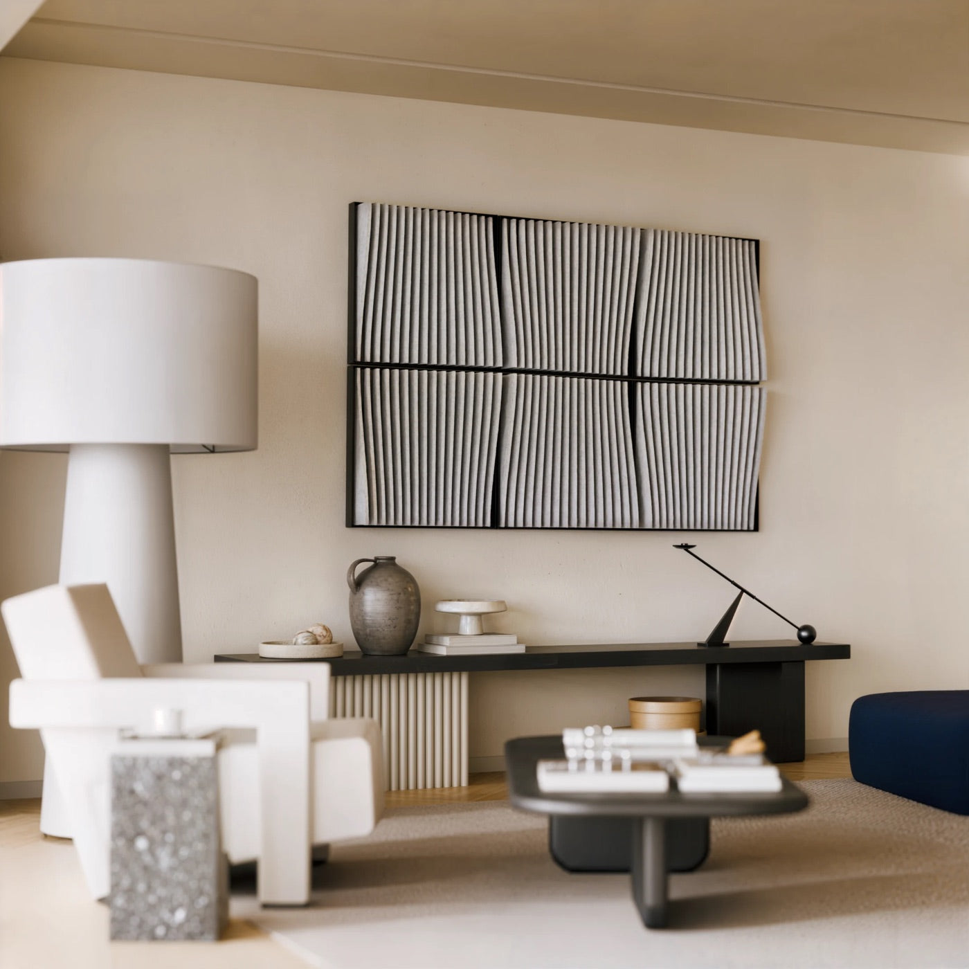 Sculpted acoustic panels in a warm, furnished living room