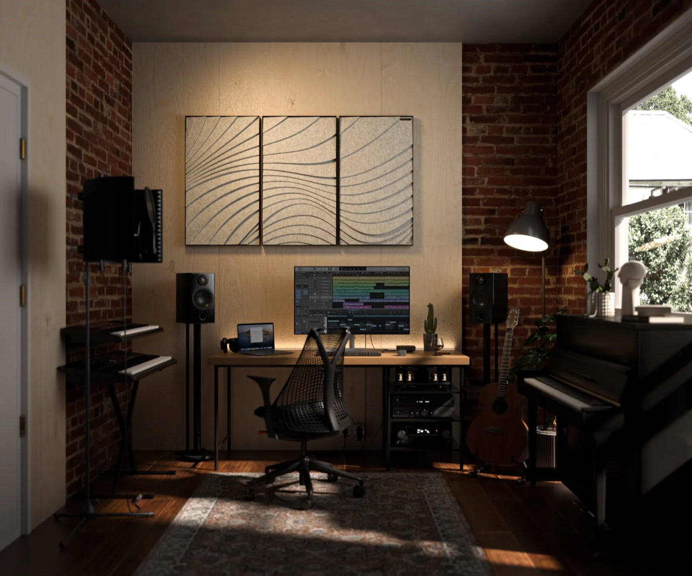 Three Wave panels above a desk in a brick-walled home studio